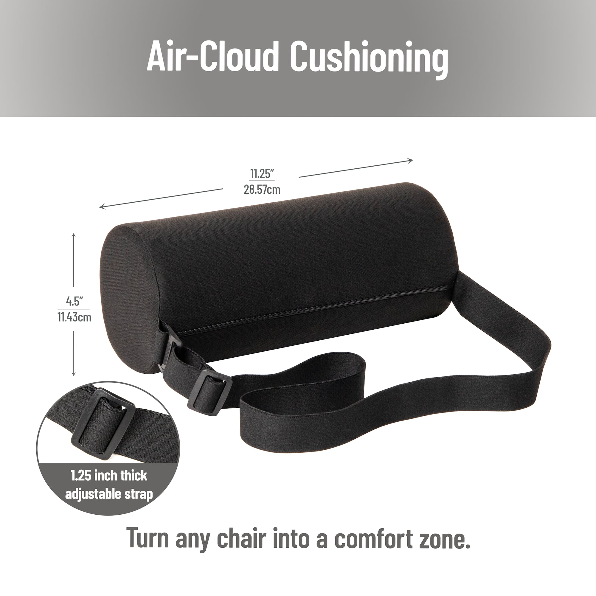 Mind Reader Lumbar Roll Pillow with Air-Cloud Memory Foam, Back, Waist & Hip Support, Breathable Cover & Adjustable Strap, Black